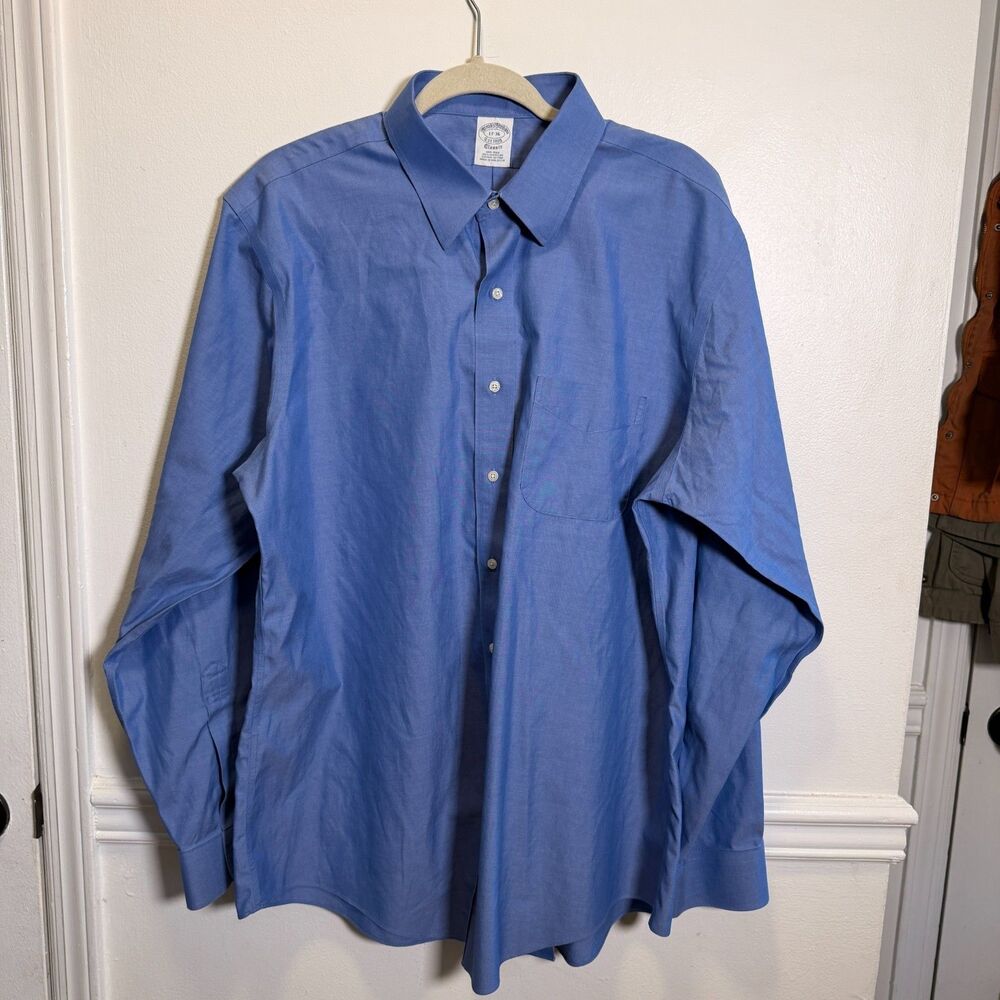 Brooks Brothers 1818 Mens 17-35 Blue Supima Cotton Dress Shirt Non Iron Classic